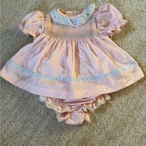 Pink baby dress with blue lace trim and bloomers, Size: 3-6 months